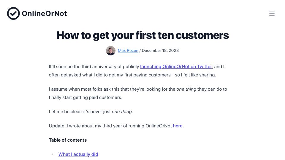 Screenshot of onlineornot.com: On how I got my first ten customers