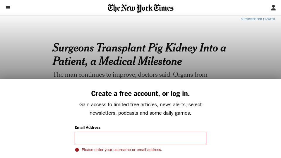 Screenshot of nytimes.com: Surgeons transplant pig kidney into a patient