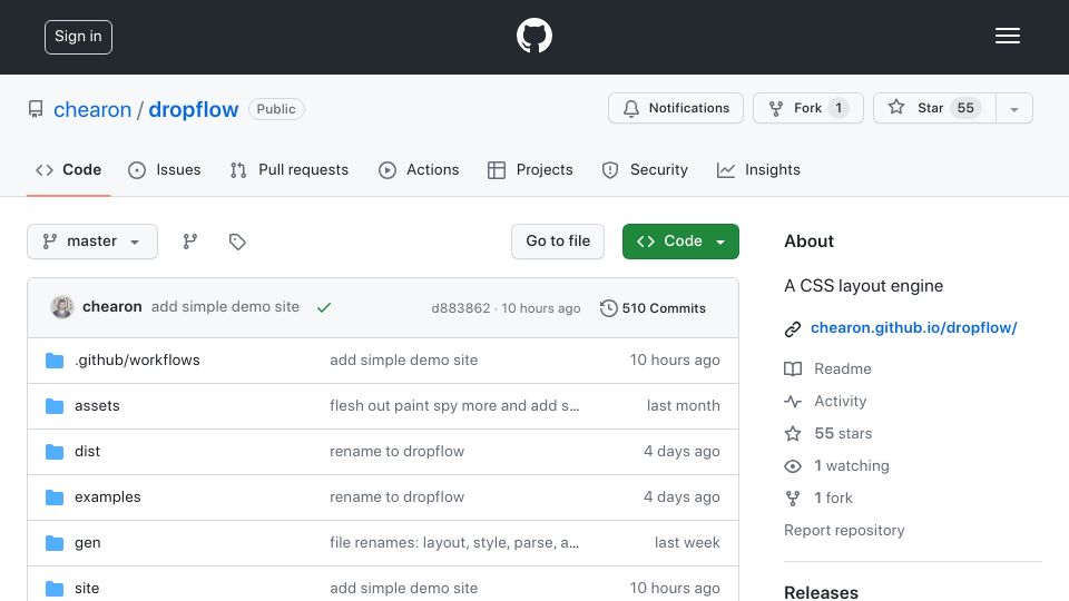 Screenshot of github.com: Show HN: Dropflow, a CSS layout engine for node or <canvas>