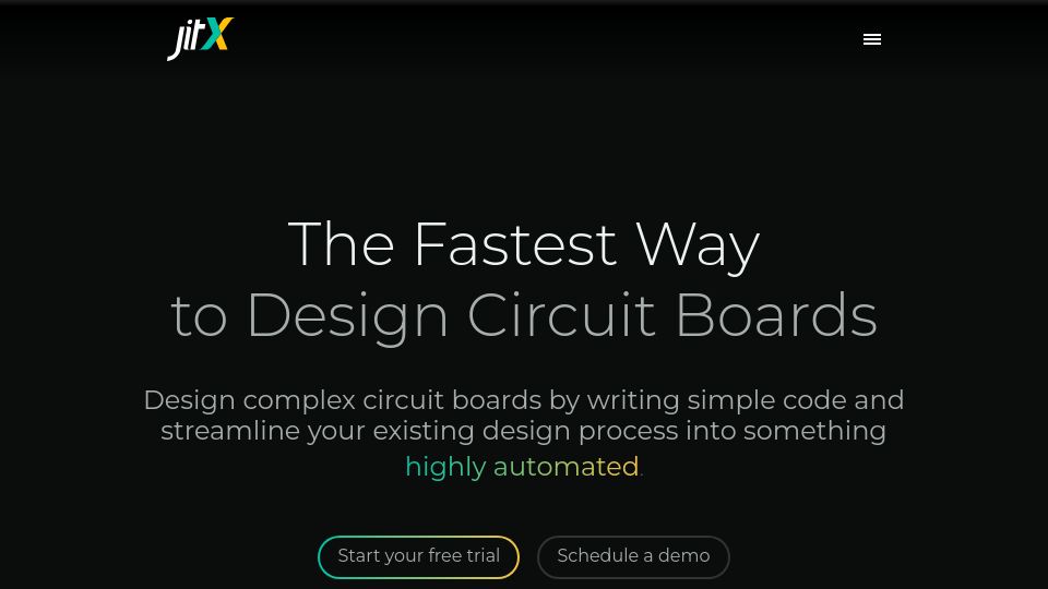 Screenshot of jitx.com: JITX – The Fastest Way to Design Circuit Boards