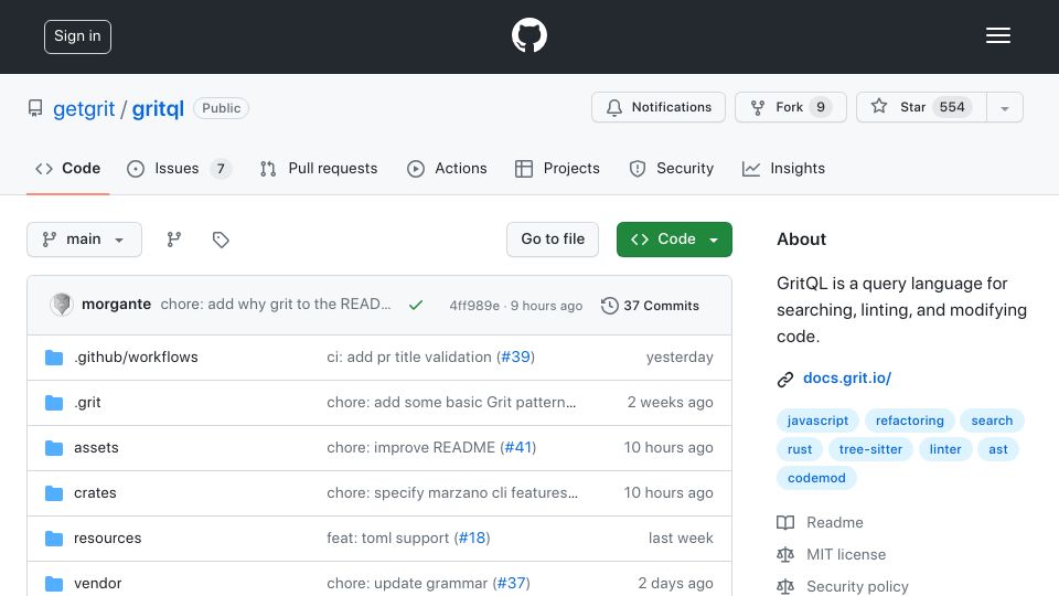 Screenshot of github.com: Show HN: GritQL, a Rust CLI for rewriting source code