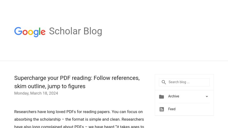 Screenshot of scholar.googleblog.com: Google Scholar PDF Reader