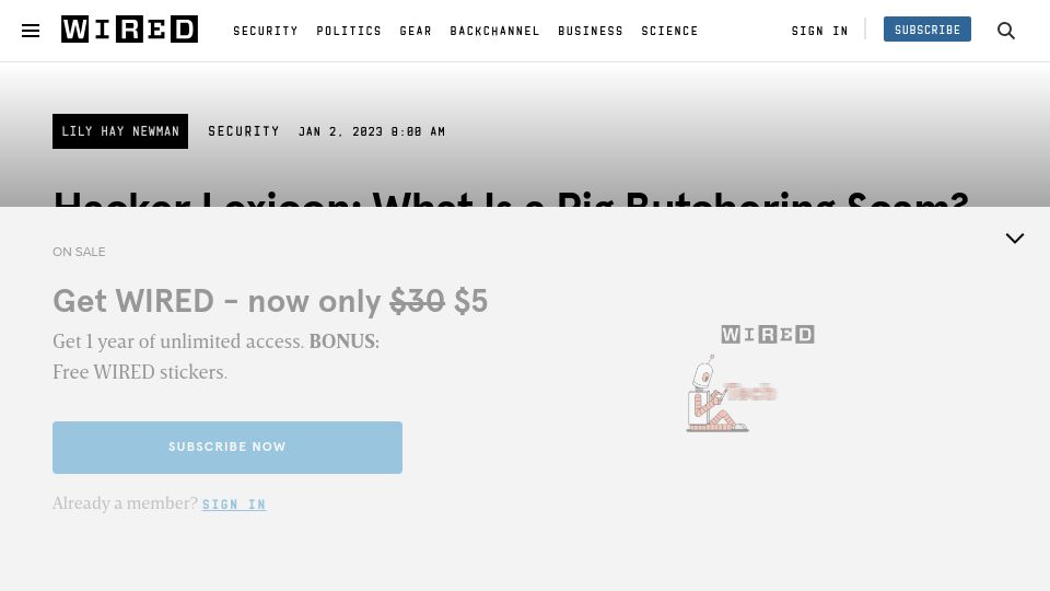 Screenshot of wired.com: What is a pig butchering scam? (2023)