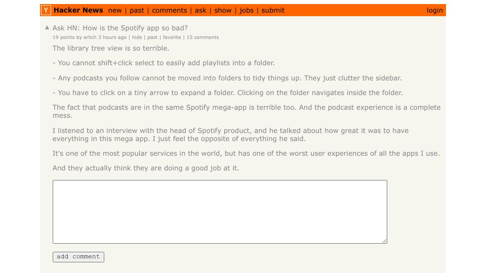 Screenshot of Hacker News post: Ask HN: How is the Spotify app so bad?