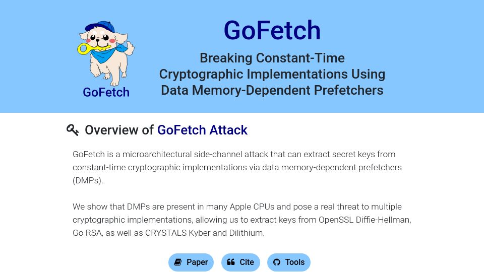 Screenshot of gofetch.fail: GoFetch: New side-channel attack using data memory-dependent prefetchers