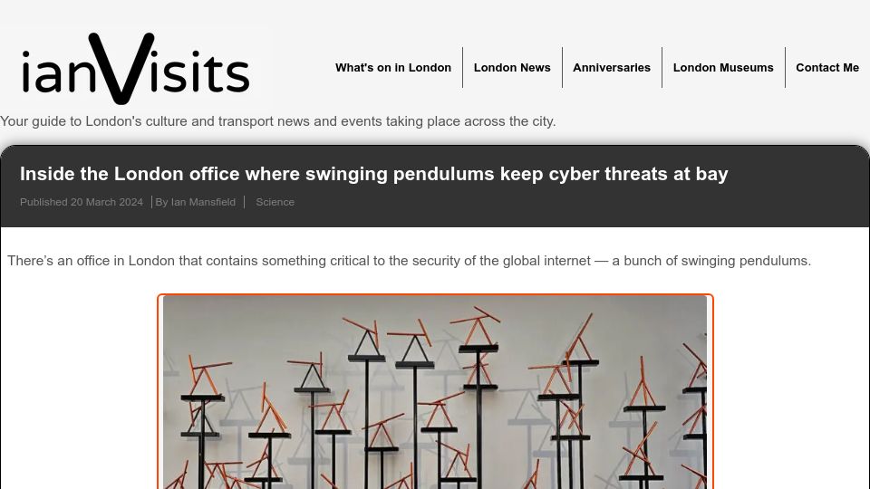 Screenshot of ianvisits.co.uk: The London office where swinging pendulums keep cyber threats at bay