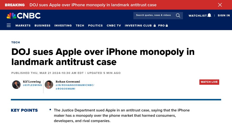 Screenshot of cnbc.com: DOJ Sues Apple for iPhone Monopoly