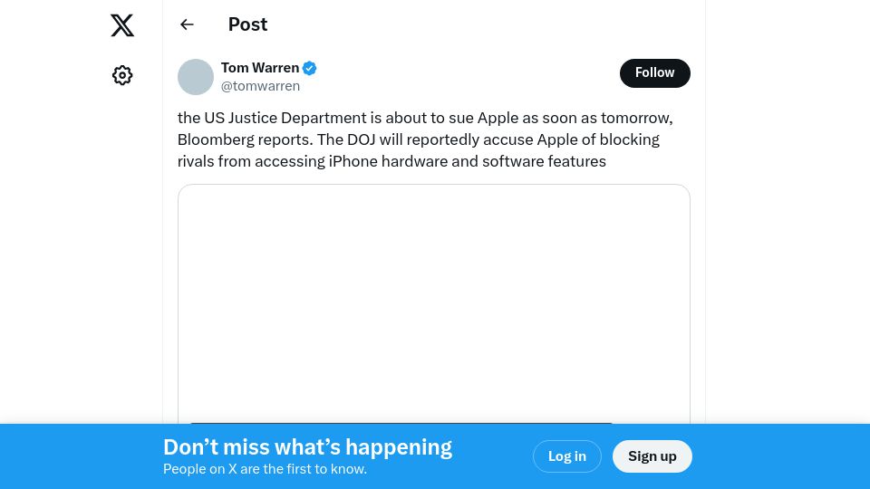 Screenshot of twitter.com: Justice Department to Sue Apple for Antitrust Violations as Soon as Thursday