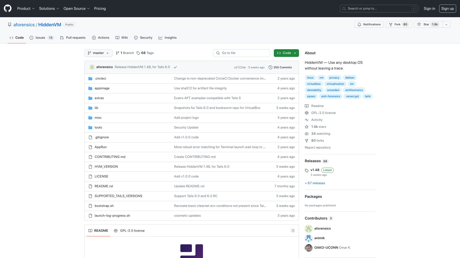 Screenshot of github.com: HiddenVM – Use any desktop OS without leaving a trace