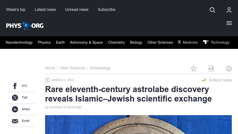Screenshot of phys.org: Rare eleventh-century astrolabe discovery shows Islamic–Jewish sci. exchange