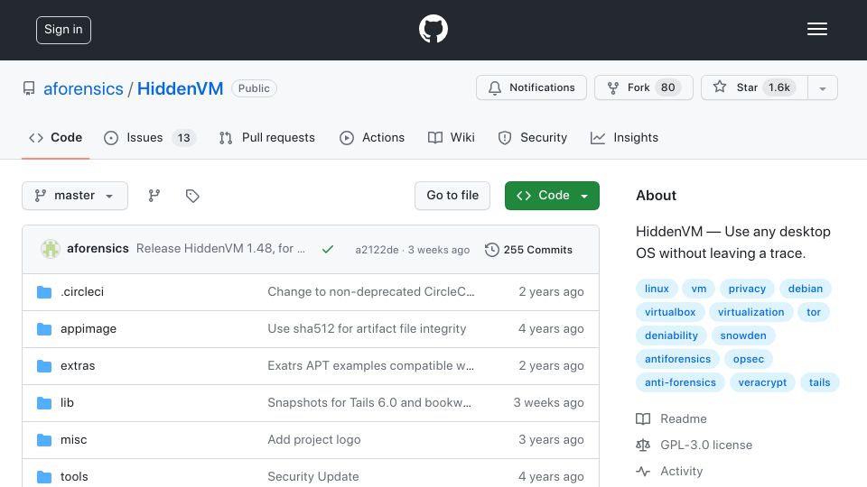 Screenshot of github.com: HiddenVM – Use any desktop OS without leaving a trace