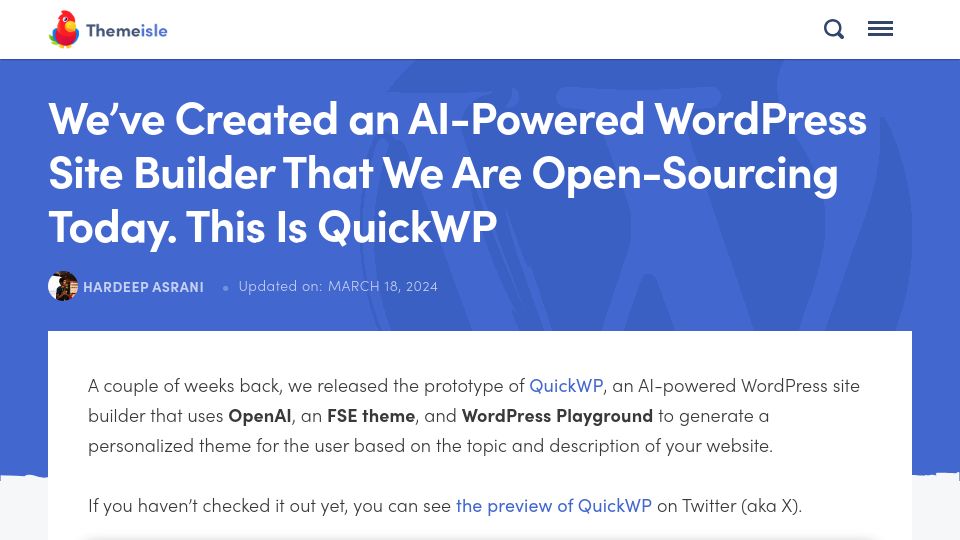 Screenshot of themeisle.com: Show HN: An AI-Powered WordPress Site Builder That We Are Open-Sourcing Today