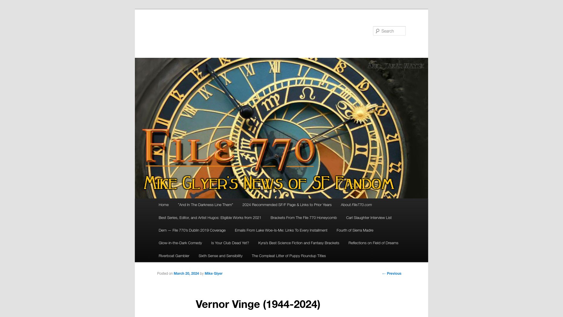 Screenshot of file770.com: Vernor Vinge has died