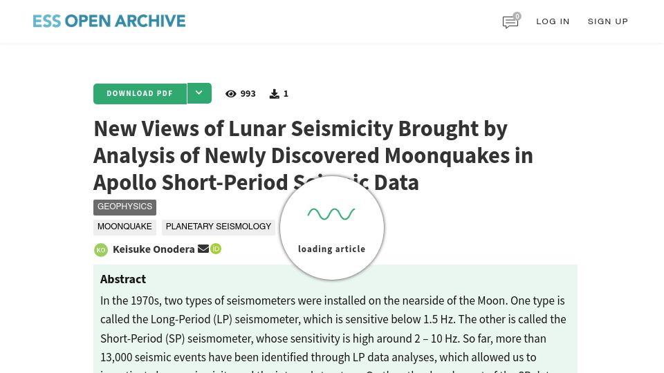 Screenshot of essopenarchive.org: Apollo Data Uncovers Lunar Seismic Events