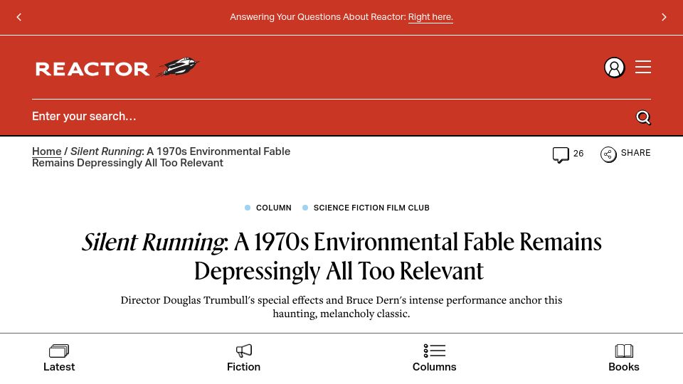 Screenshot of reactormag.com: Silent Running: 1970s Environmental Fable Remains Depressingly All Too Relevant