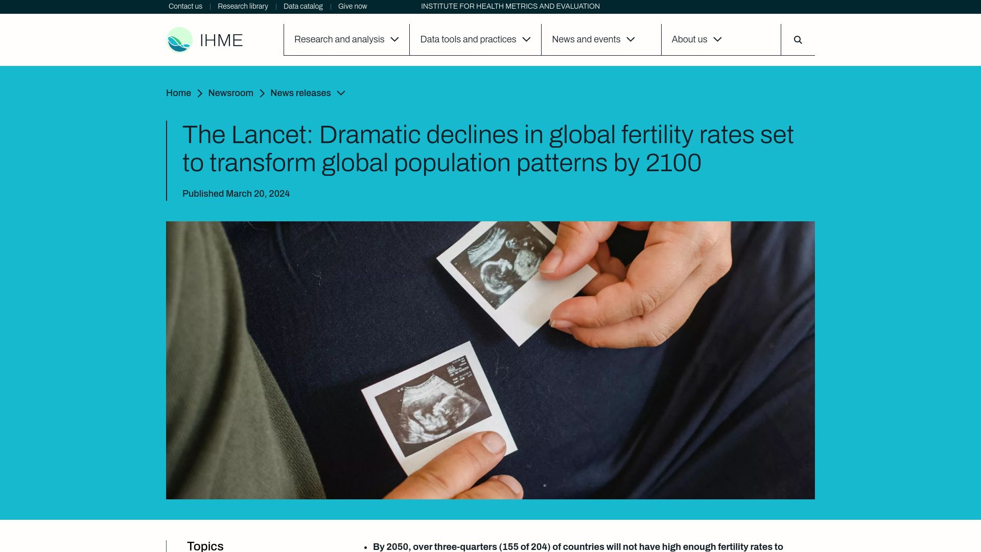 Screenshot of healthdata.org: Declines in global fertility to transform global population patterns by 2100