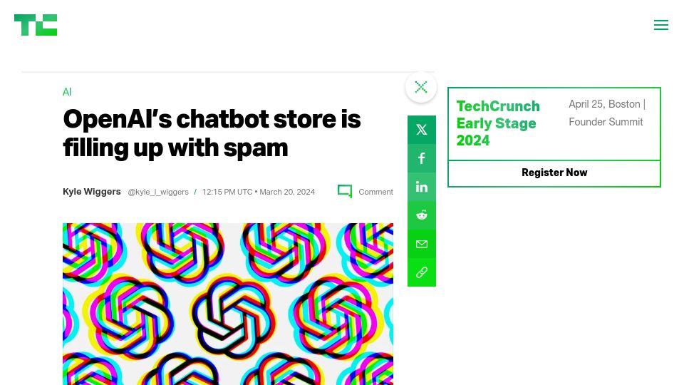 Screenshot of techcrunch.com: OpenAI's chatbot store is filling up with spam