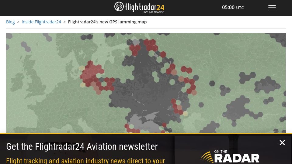 Screenshot of flightradar24.com: Flightradar24's new GPS jamming map