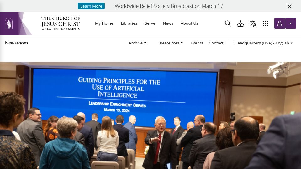 Screenshot of newsroom.churchofjesuschrist.org: Guiding Principles for the Mormon Church's Use of AI