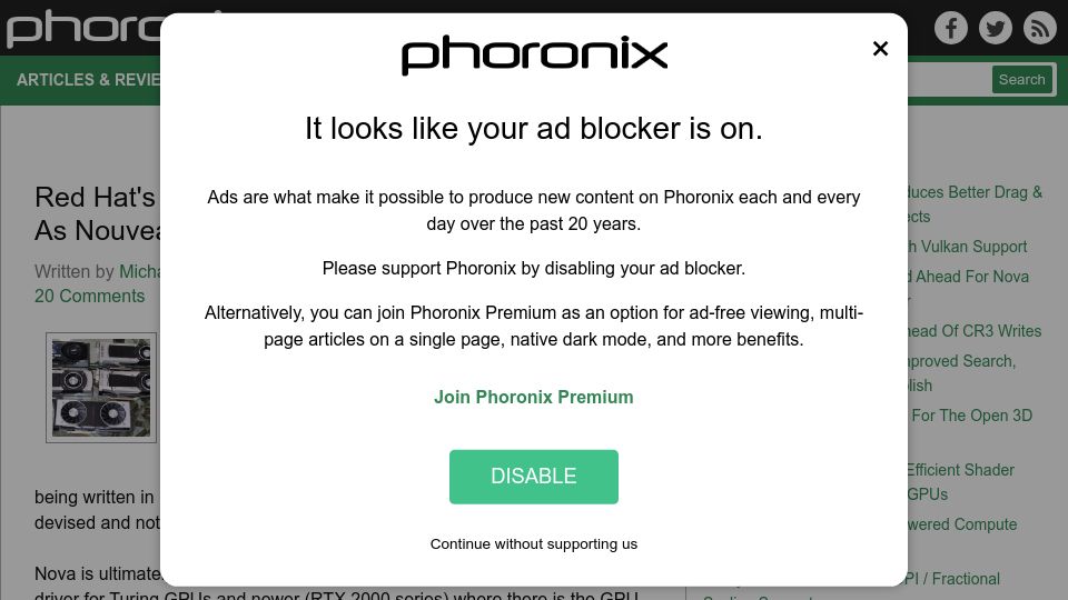 Screenshot of phoronix.com: Red Hat to author new Linux driver for Nvidia GPUs in Rust