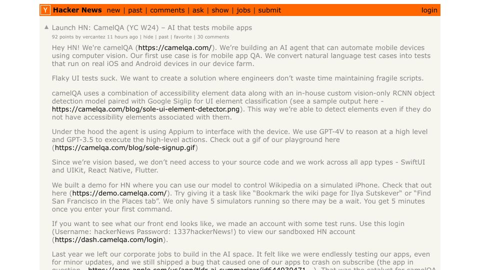 Screenshot of Hacker News post: Launch HN: CamelQA (YC W24) – AI that tests mobile apps