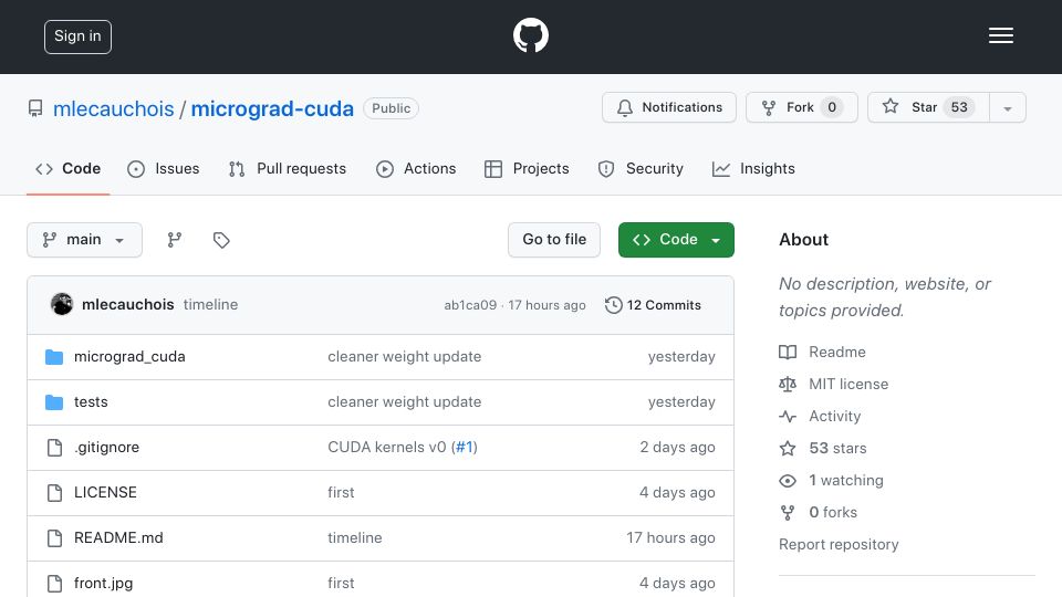 Screenshot of github.com: Micrograd-CUDA: adapting Karpathy's tiny autodiff engine for GPU acceleration