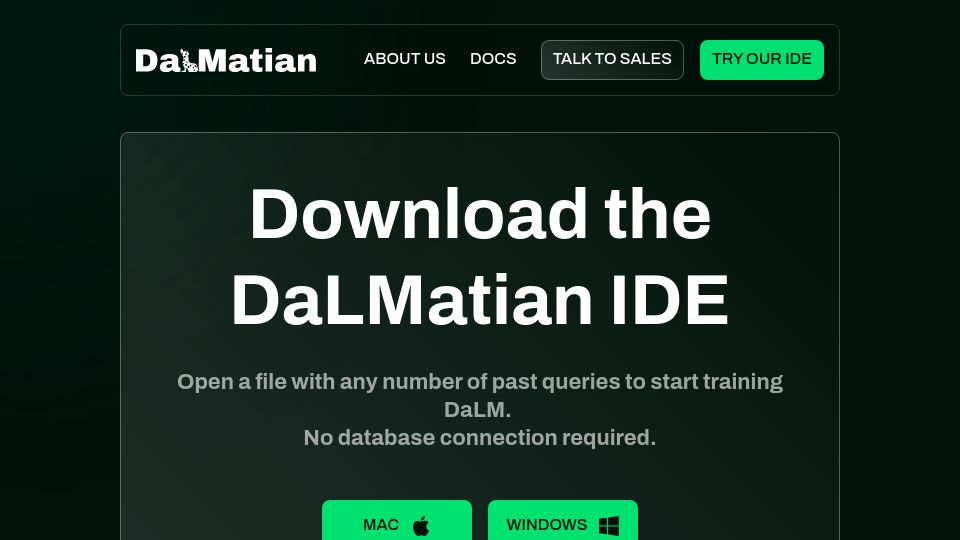 Screenshot of dalmatian.ai: Show HN: DaLMatian – Text2sql that works