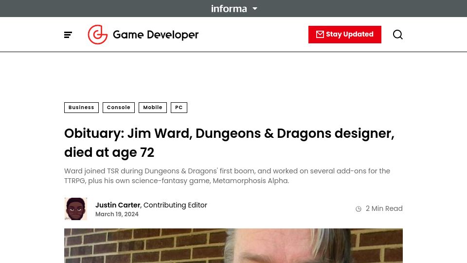 Screenshot of gamedeveloper.com: Jim Ward has died