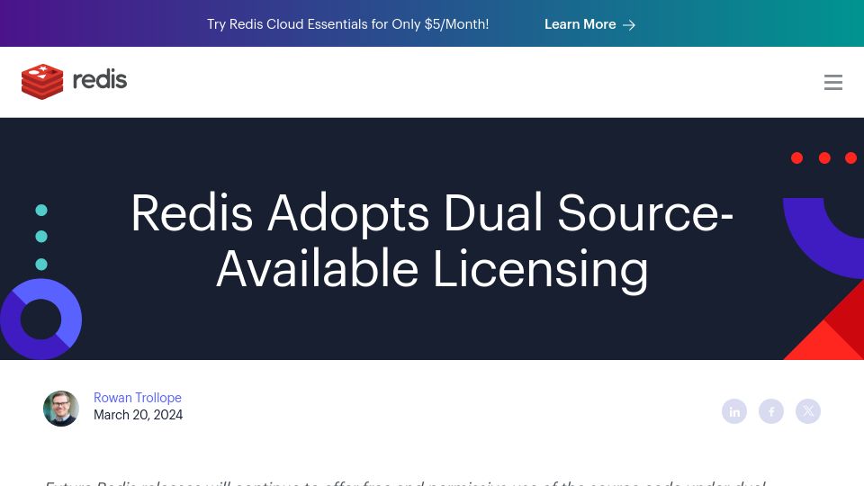 Screenshot of redis.com: Redis adopts dual source-available licensing