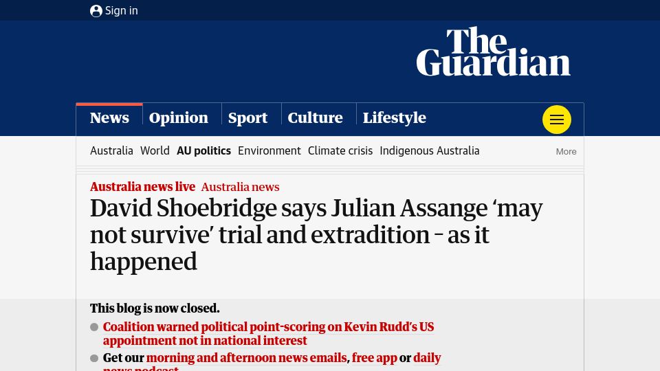Screenshot of theguardian.com: Julian Assange 'may not survive' trial and extradition, David Shoebridge says