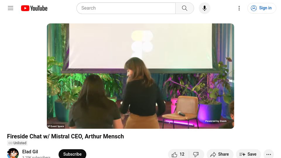 Screenshot of youtube.com: Fireside Chat with Mistral CEO, Arthur Mensch [video]