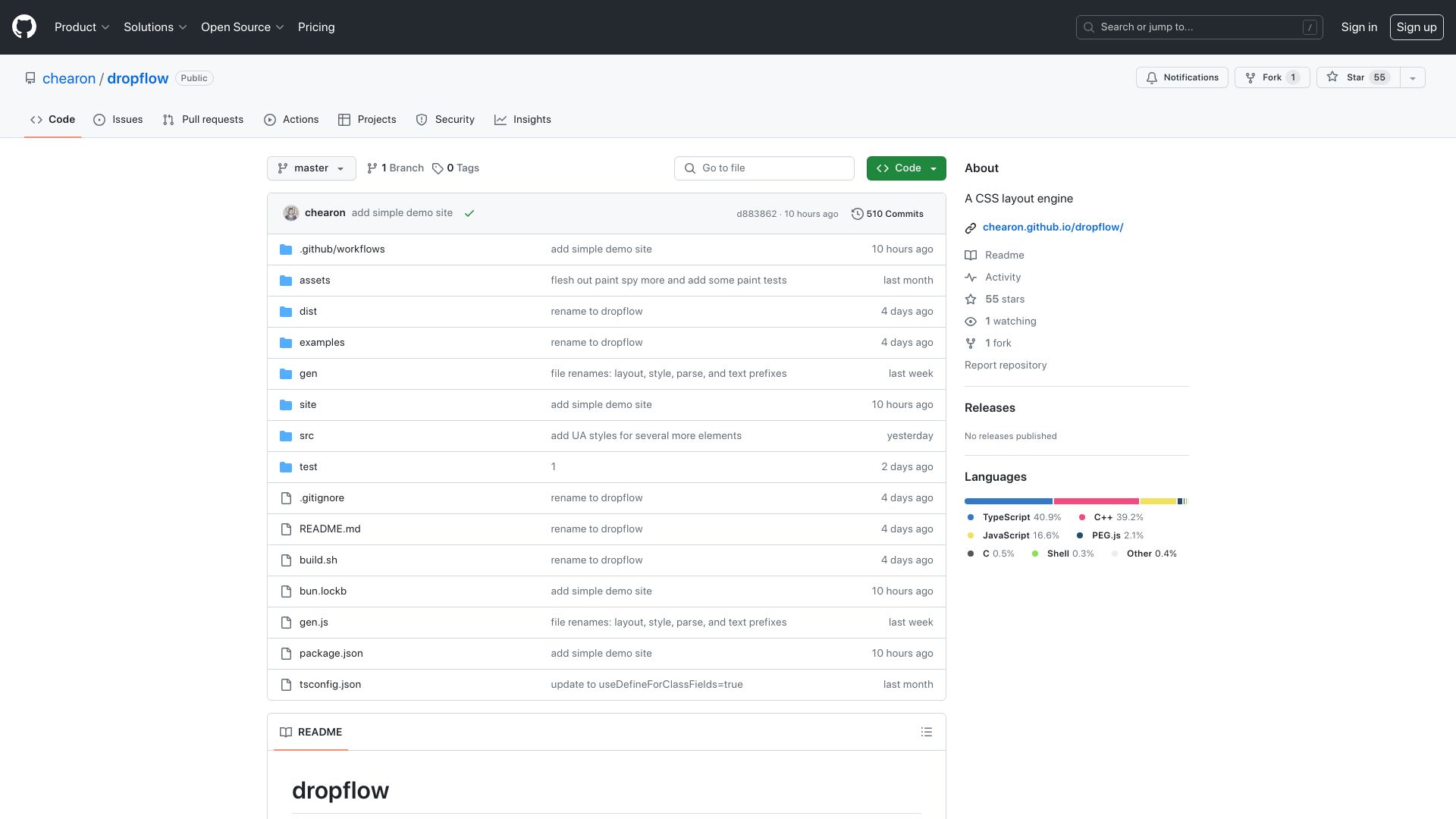 Screenshot of github.com: Show HN: Dropflow, a CSS layout engine for node or <canvas>