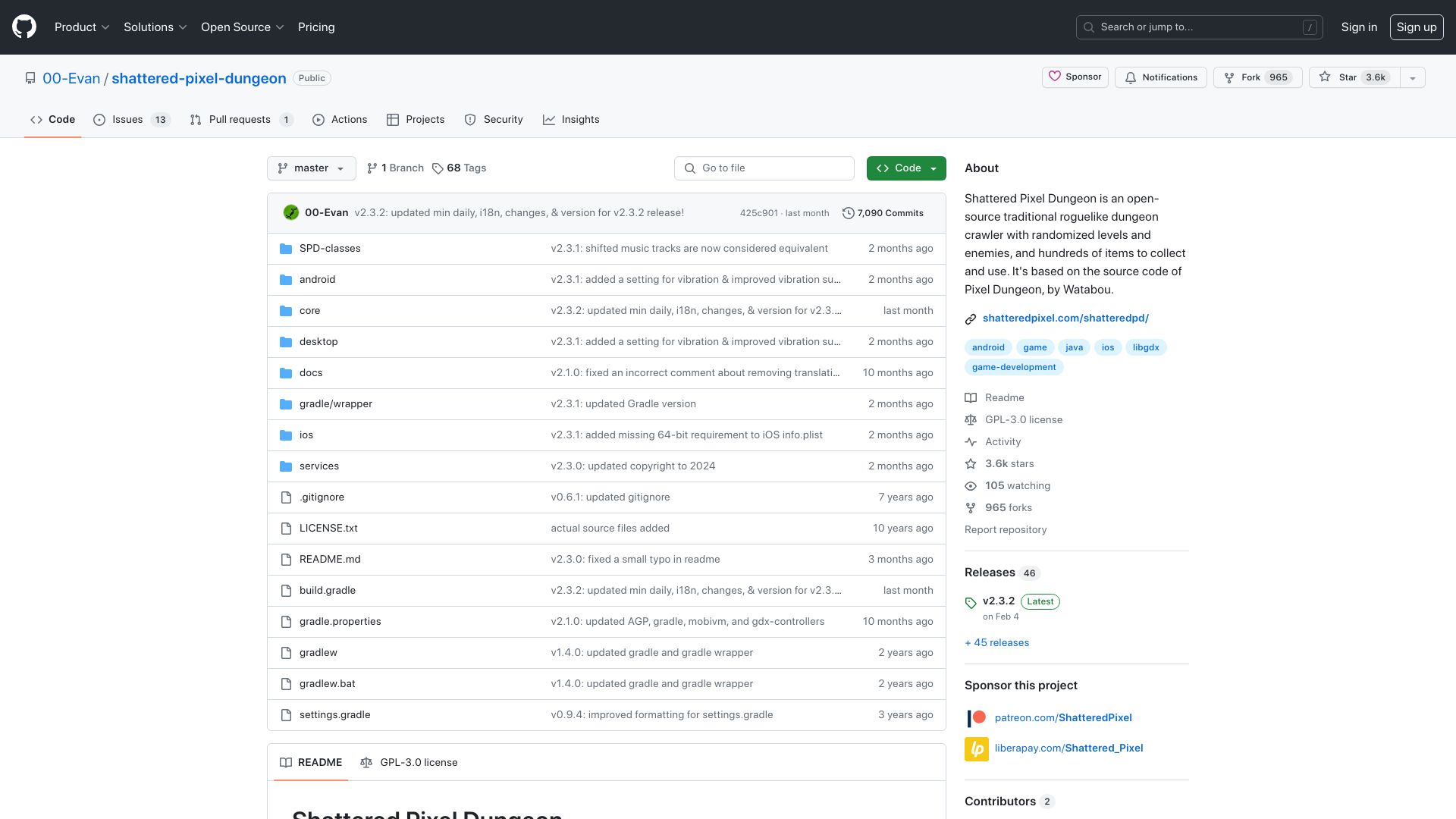 Screenshot of github.com: Shattered Pixel Dungeon is an open-source traditional roguelike dungeon crawler