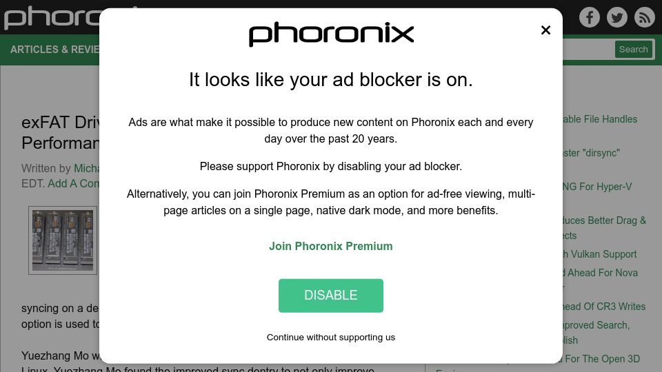 Screenshot of phoronix.com: ExFAT Driver Boasts Much Faster "Dirsync" Performance with Linux 6.9