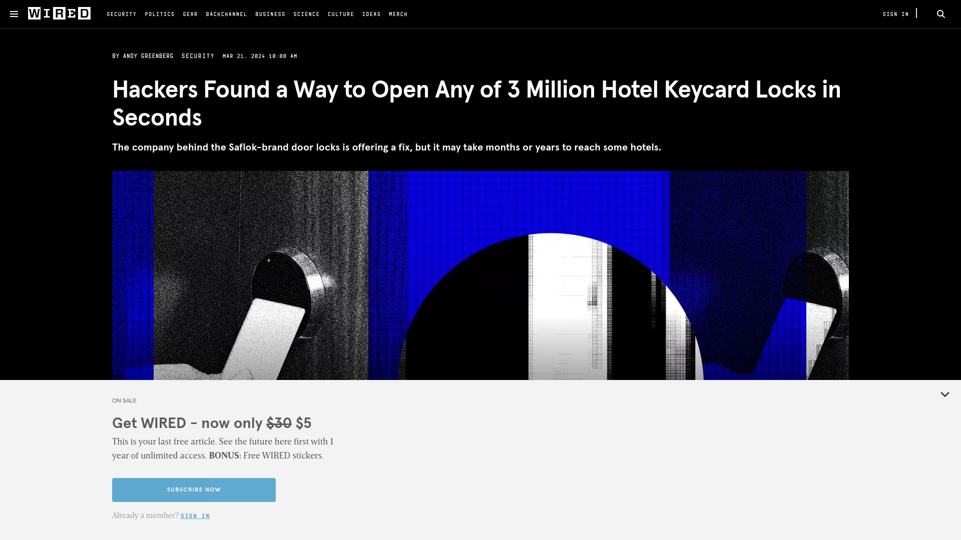 Screenshot of wired.com: Hackers found a way to open any of 3M hotel keycard locks