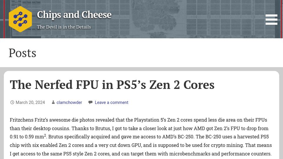Screenshot of chipsandcheese.com: The Nerfed FPU in PS5's Zen 2 Cores