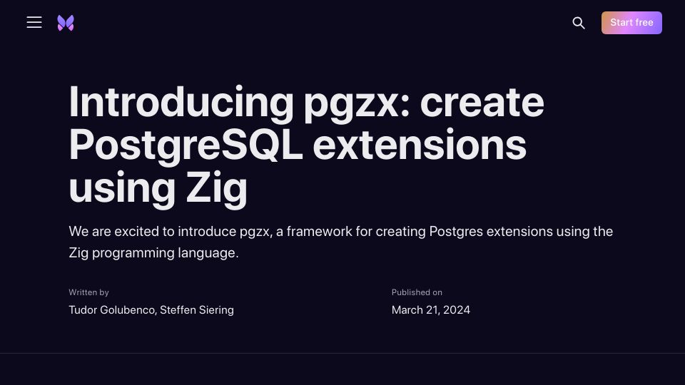 Screenshot of xata.io: Introducing pgzx: create PostgreSQL extensions using Zig