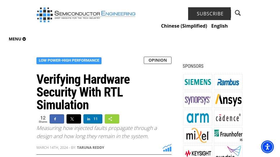 Screenshot of semiengineering.com: Verifying Hardware Security with RTL Simulation