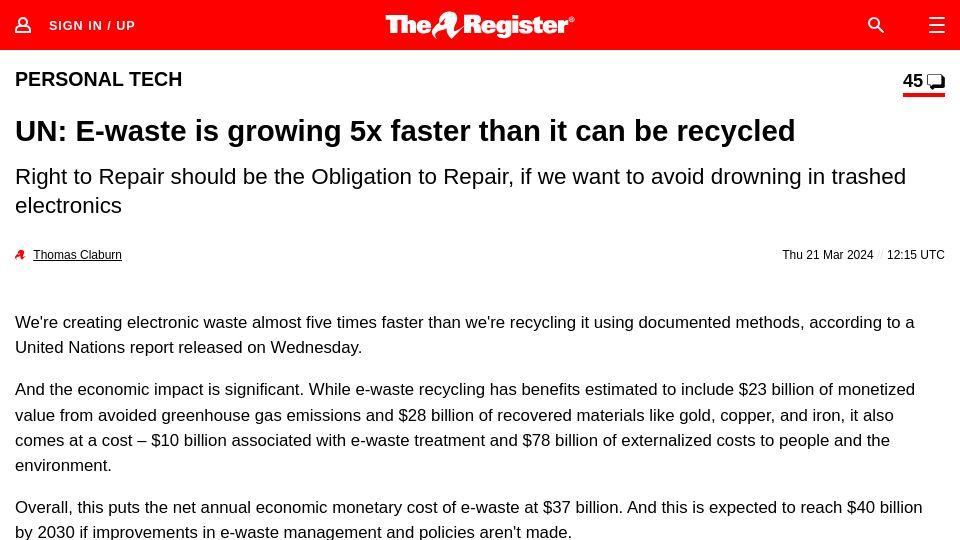 Screenshot of theregister.com: UN: E-waste is growing 5x faster than it can be recycled