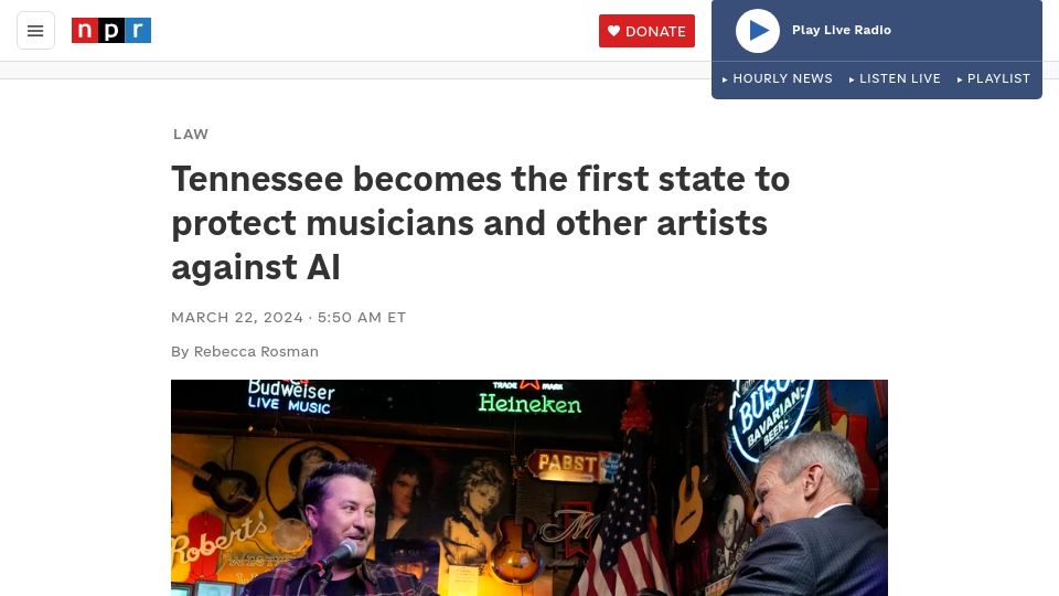 Screenshot of npr.org: Tennessee becomes the first state to protect musicians against AI