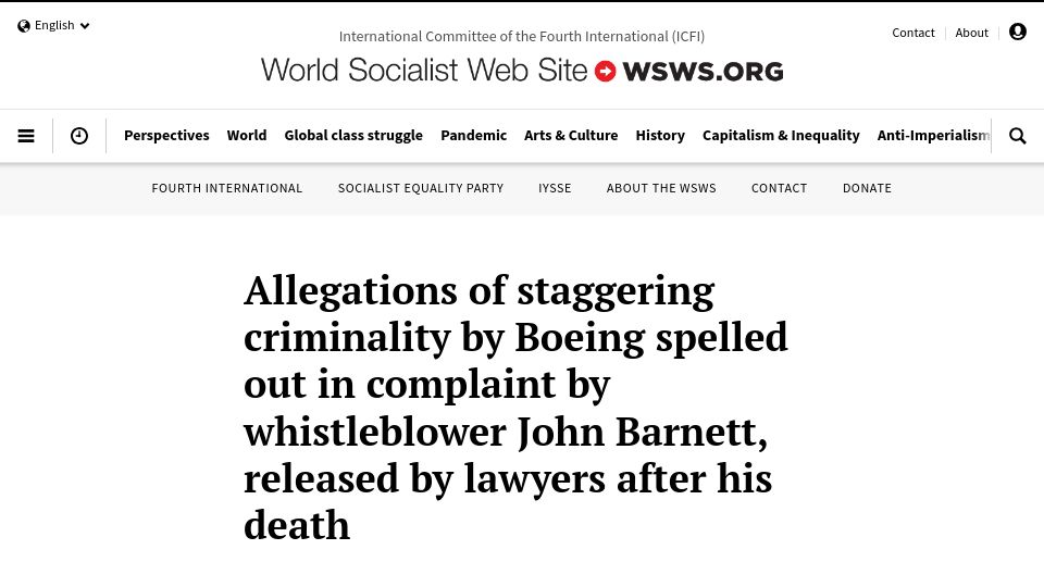 Screenshot of wsws.org: Allegations of criminality by Boeing in deceased whistleblower complaint