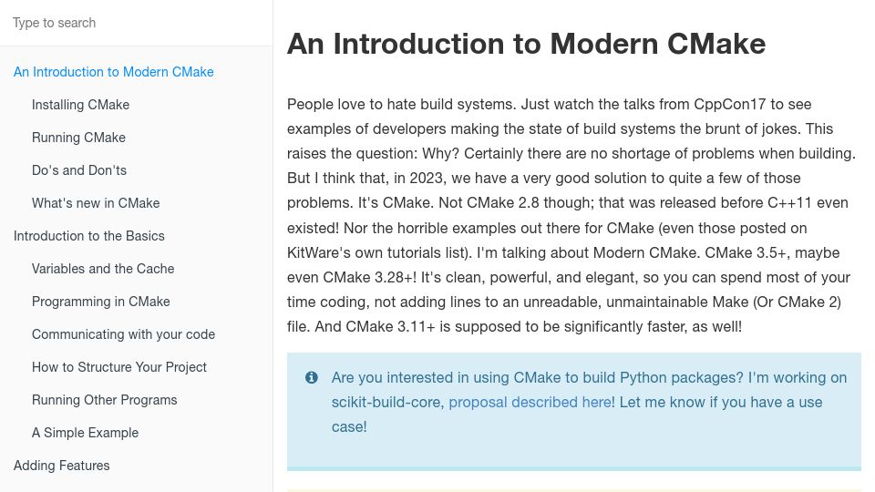 Screenshot of cliutils.gitlab.io: An Introduction to Modern CMake