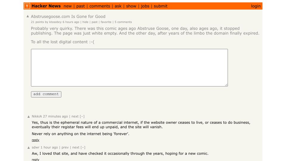 Screenshot of Hacker News post: Abstrusegoose.com Is Gone for Good