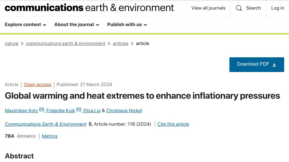 Screenshot of nature.com: Global warming and heat extremes to enhance inflationary pressures