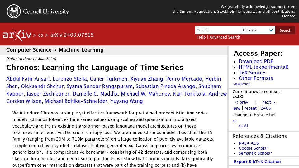 Screenshot of arxiv.org: Chronos: Learning the Language of Time Series