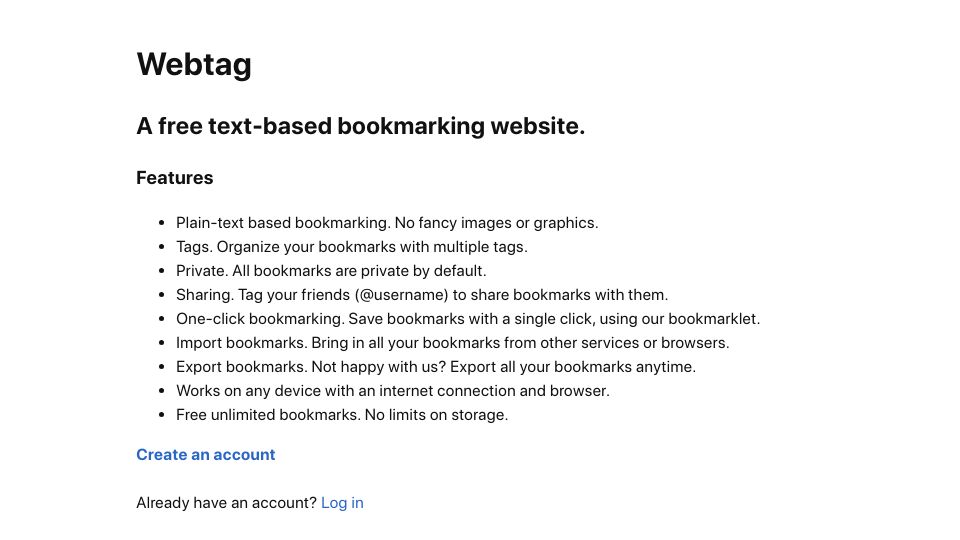 Screenshot of webtag.io: Show HN: Free Plain-Text Bookmarking