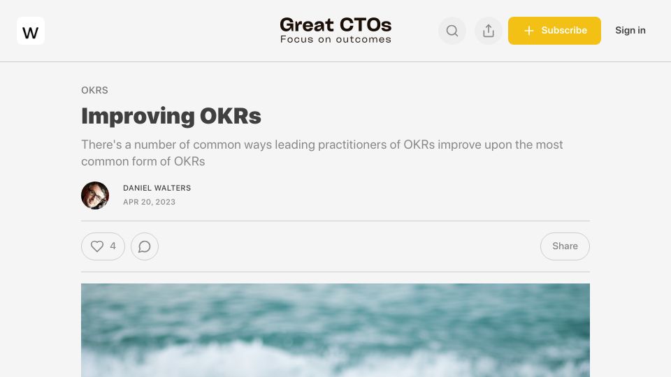 Screenshot of wioota.substack.com: Improving OKRs – By Daniel Walters