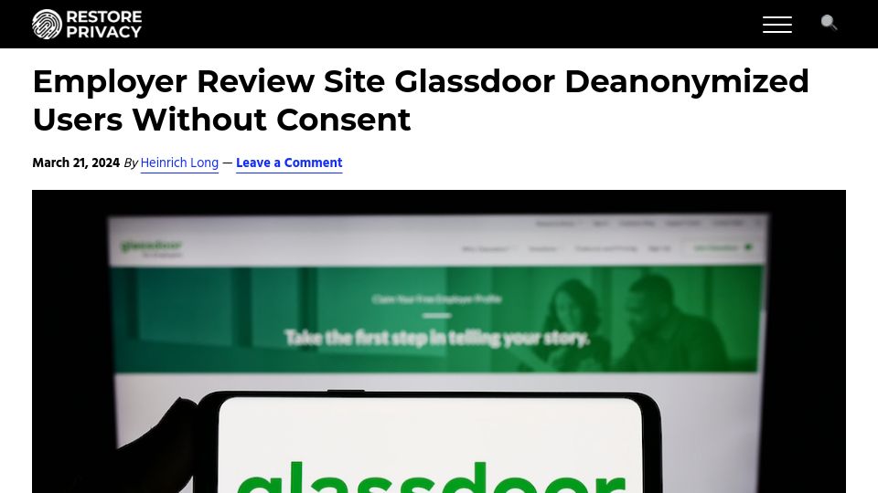 Screenshot of restoreprivacy.com: Employer Review Site Glassdoor Deanonymized Users Without Consent