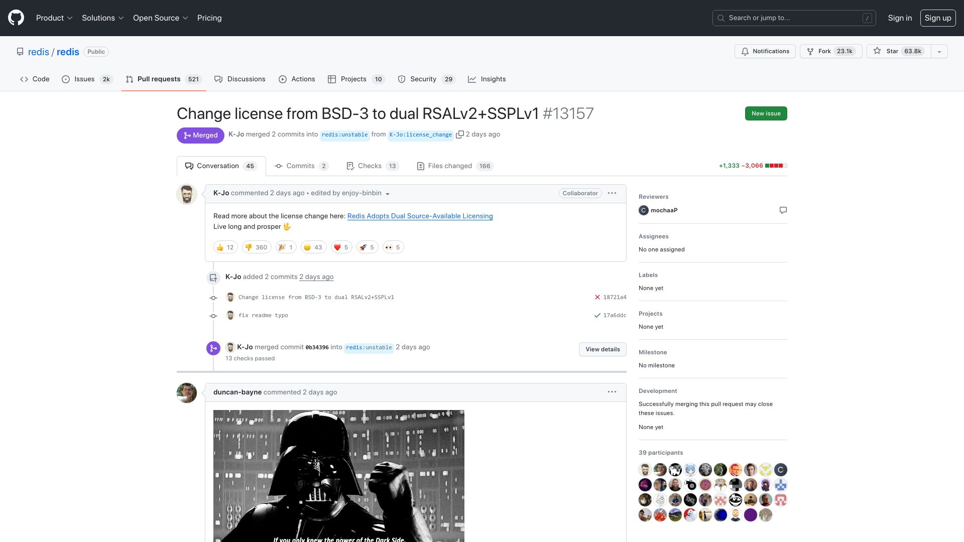 Screenshot of github.com: Redis changes license from BSD-3 to dual RSALv2+SSPLv1
