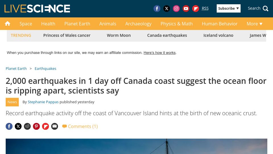 Screenshot of livescience.com: 2K earthquakes in 1 day off Canada coast